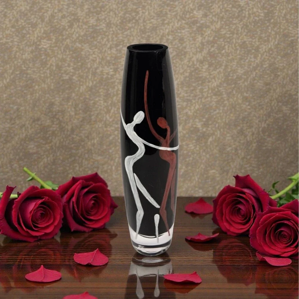 vintage Sasaki Bacchanal Art Glass Vase 11 3/4” Poland Black Hand Painted w/ Box
